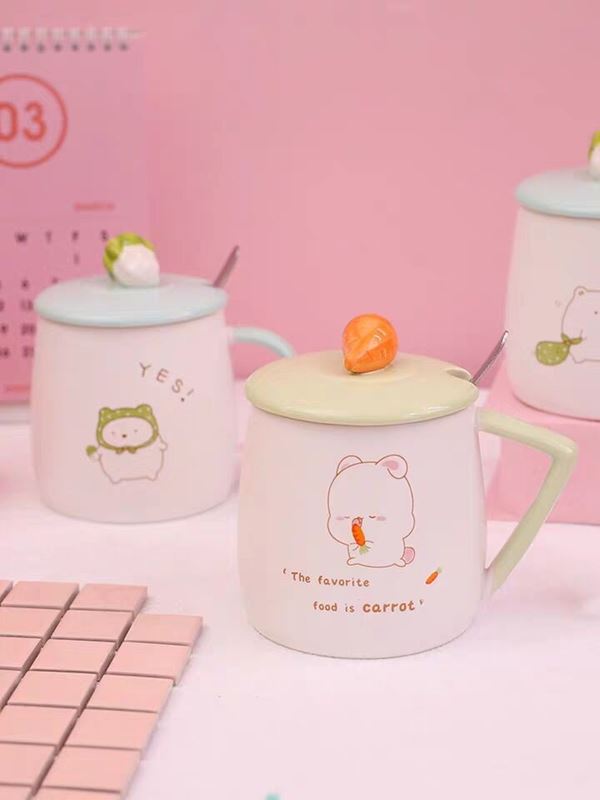 可爱陶瓷杯子女带盖勺马克杯创意个性潮流水杯家用牛奶早餐咖啡杯