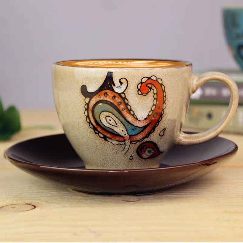 复古浮雕咖啡杯碟 欧式小奢华咖啡杯子美式陶瓷怀旧 咖啡杯碟套装