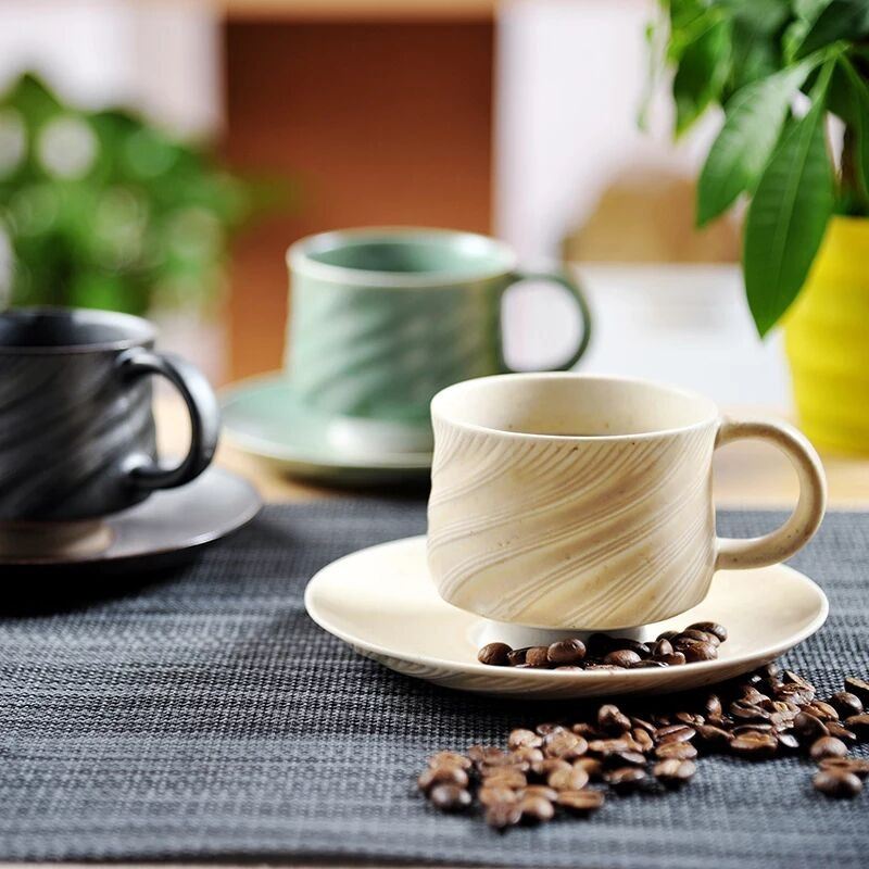 旋欧式咖啡杯碟2件套装复古黑陶瓷下午茶茶杯花茶茶具牛奶早餐杯