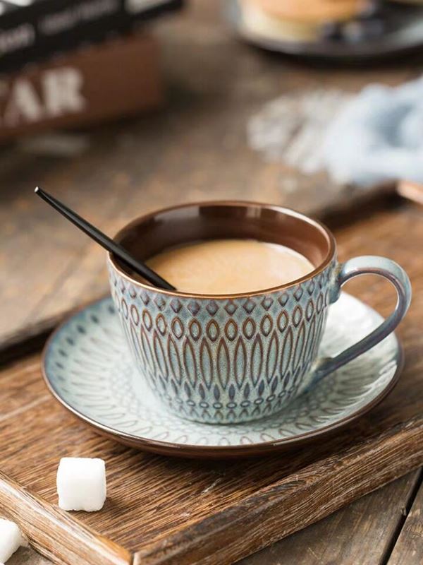 ins风马克杯陶瓷浮雕咖啡杯碟复古拿铁杯拉花咖啡杯早餐牛奶杯